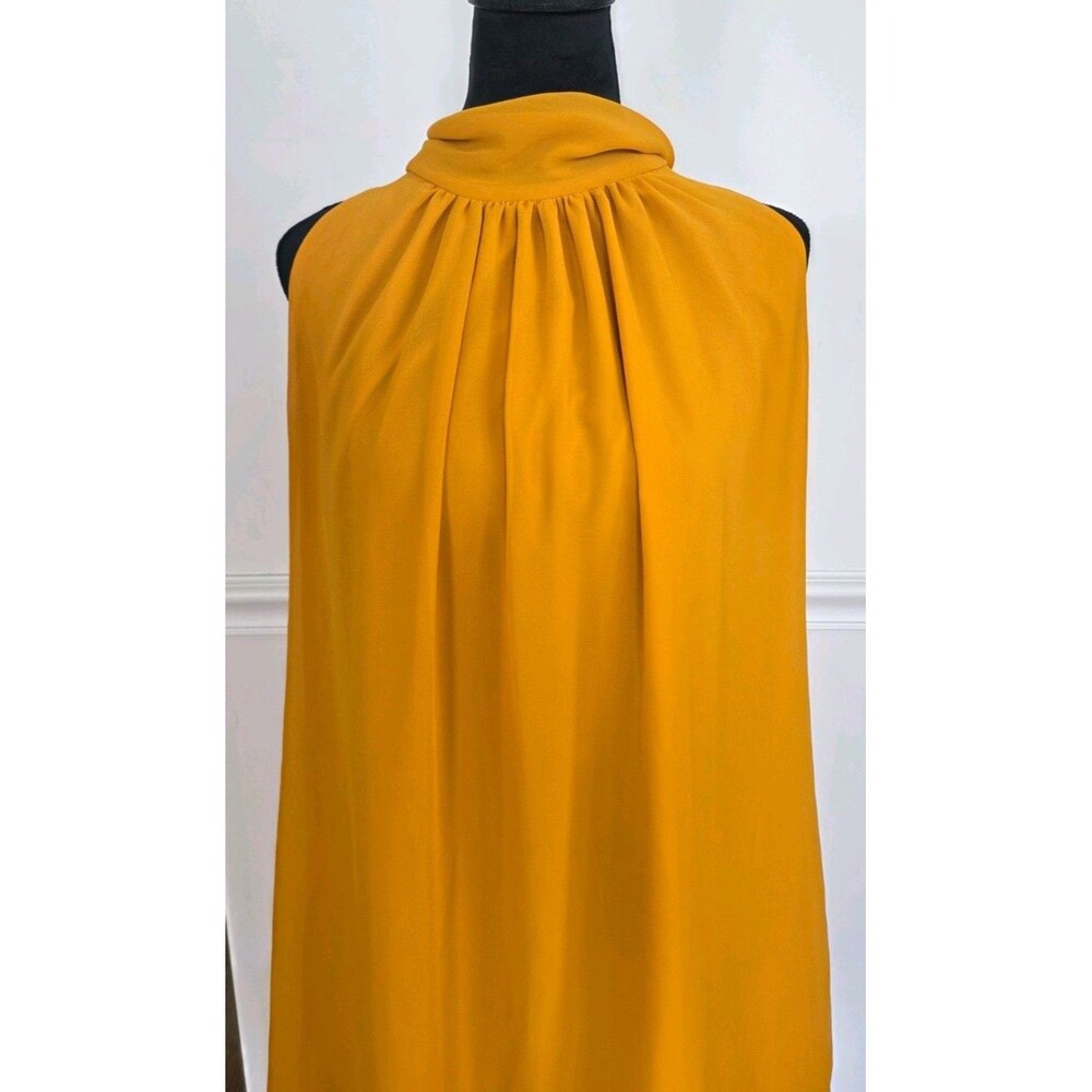 Eva Mendes Mustard Yellow Sleeveless Shift Dress Scarf Neck Tie Polyester Lined